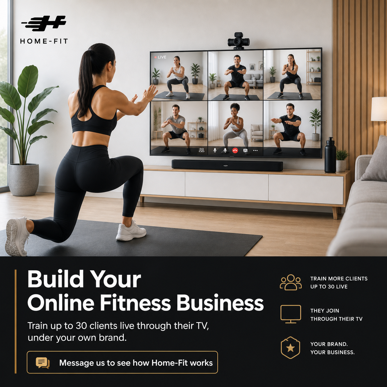 Home-Fit online fitness business shown on a living room TV